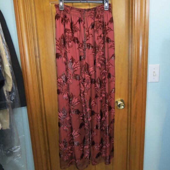 Custom Made Wide Leg Rust Pants Evening Cocktail Chiffon Lined Leaves Size Med - Picture 6 of 7